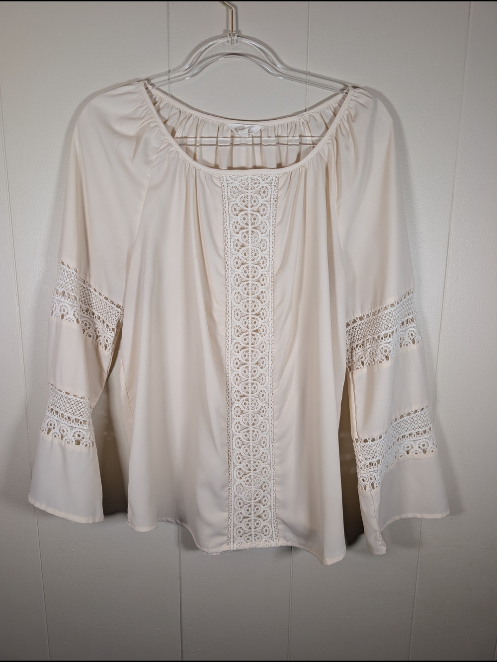 Adiva Ivory Lace Trim Boho Peasant Blouse Women’s Large Bell Sleeve Cream Top - Picture 7 of 13